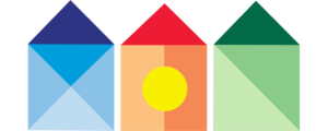 autism housing network logo with three house icons. The first is blue, middle is orange, last is green. Each has lighter geometric shades inside the icons.