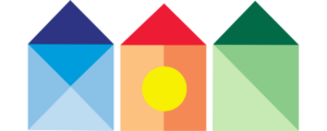 autism housing network logo with three house icons. The first is blue, middle is orange, last is green. Each has lighter geometric shades inside the icons.