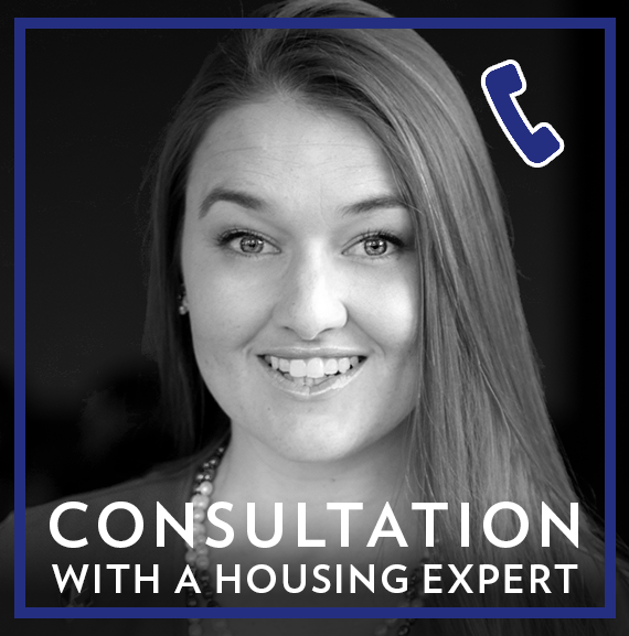 Image of Desiree Kameka Galloway. She has long straight hair and a smile. Words over the image say "Consultation with a housing expert". There is a phone icon in the top right corner.