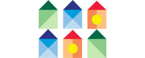Autism Housing Network logo with row of blue, green, and orange houses. Each has lighter geometric shades inside the icon.
