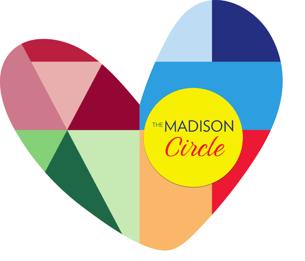 A heart shape with the madison house logo colors and shapes inside of it. The yellow circle shape inside has the words 