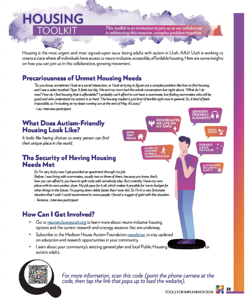A sample image of the housing toolkit that has the following text categories: Precariousness of Unmet Housing Needs, What Does Autism-Friendly Housing Look Like?, The Security of Having Housing Needs Met, and How Can I Get Involved?. Next to the text there is an image of a person with their hand on their chin and multiple thought bubbles around them. The thought bubbles include text such as "Own Tiny Home", "Close to Grocery Stores and Transportation", Housemates or Live On My Own".