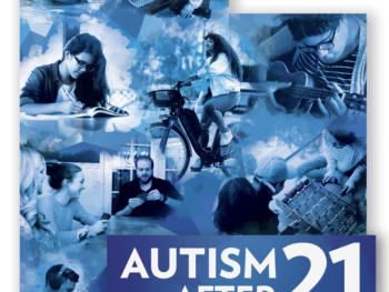 Front cover of the Autism After 21 Utah report with the text "Autism After 21 First Findings of a Utah Review and Toolkit for Autism Inclusion". It shows a collage of individuals with disabilities doing activities at home and in the community in various shades of blue.