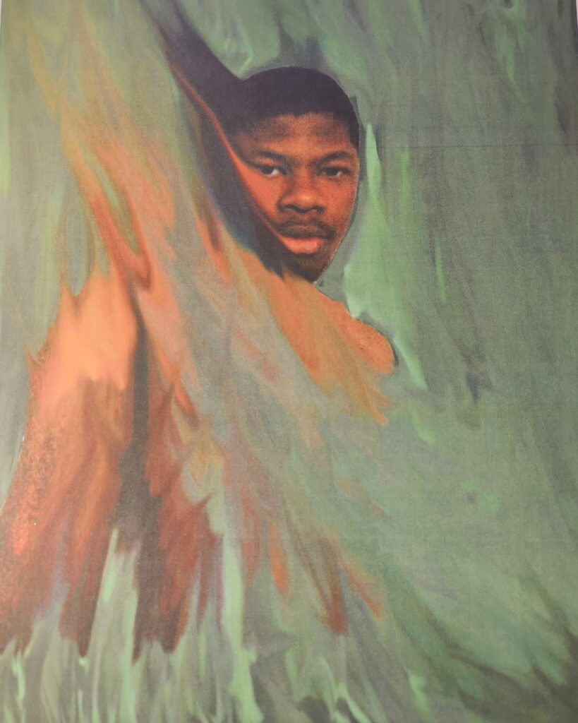 Art from artist Jon-Keith Gary of a person with light green streaks around them, similar to fire.