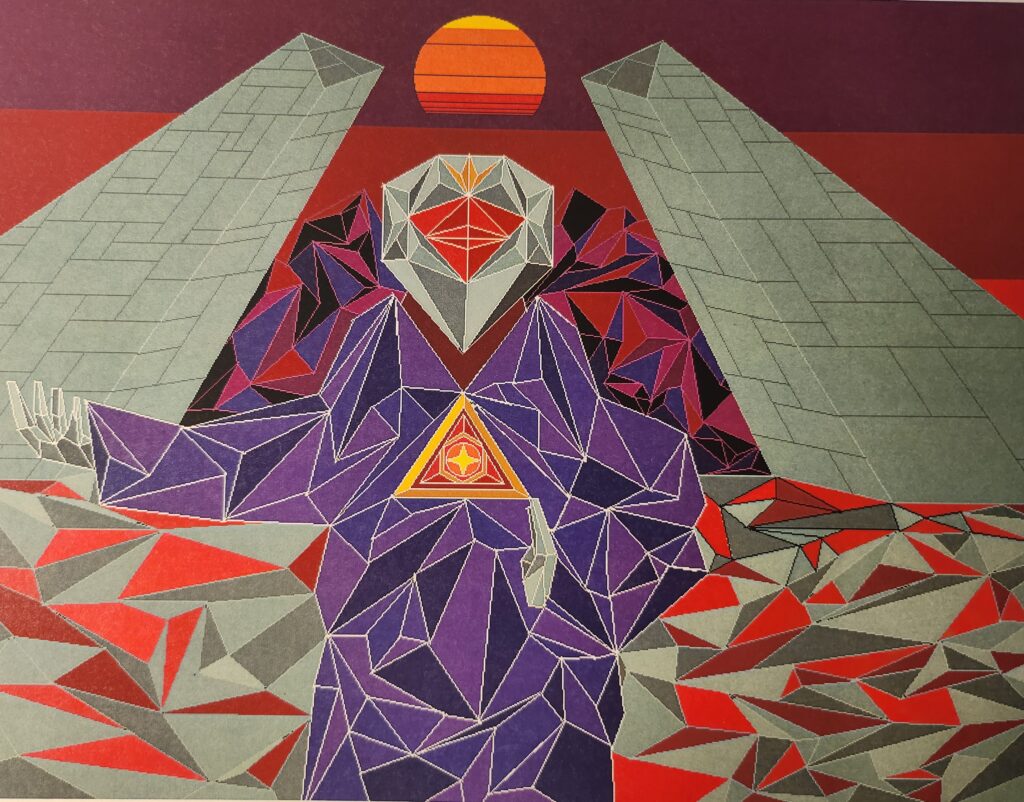 Art from artist Jon-Keith Gary of geometric patterns creating a figure in shades of purple with a gold triangle at their chest and a triangular grey head with a red diamond shape in the middle. The background is shades of grey and red with two tall structures that lean in toward the figure and a sunset behind the towers.