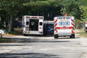 Image of the back of two ambulances on a road with trees in the background