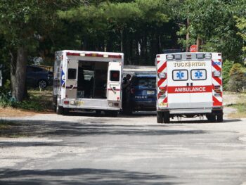 Image of the back of two ambulances on a road with trees in the background