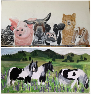 Two paintings - the top on shows a row of various farm animals (rooster, pig, donkey, cow, alpaca, goat). The bottom painting depicts 3 black and white horses grazing in a green field with rolling hills in the background.