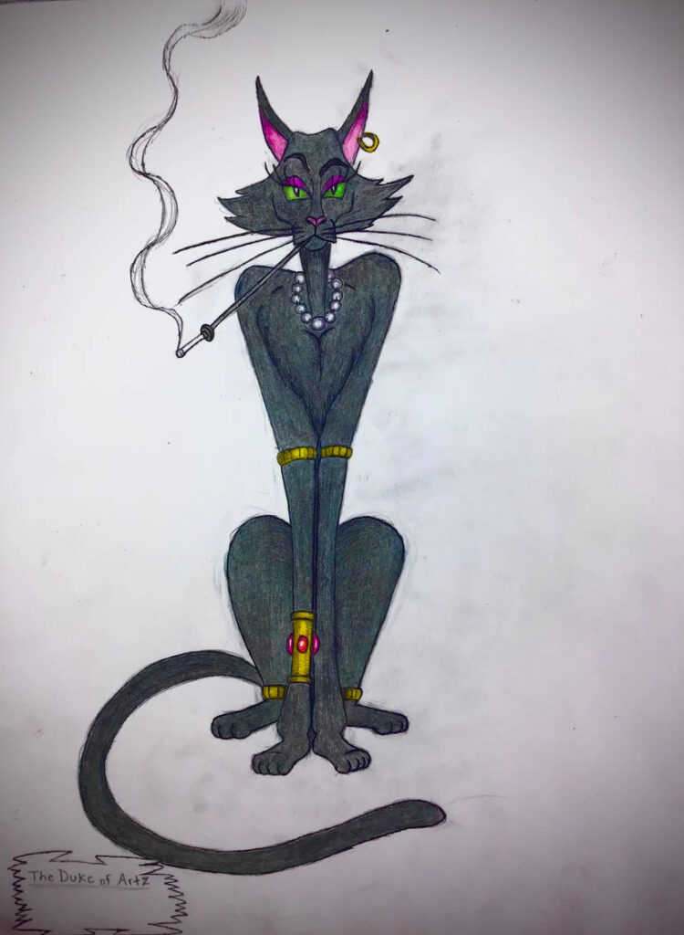 Mixed media drawing of a dark grey cat smoking and wearing pearls