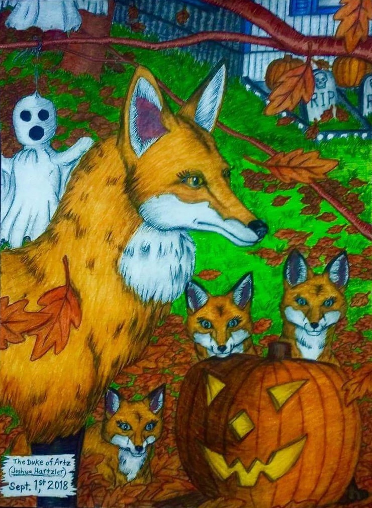 Mixed media drawing of a fox with autumn leaves falling and other foxes and halloween objects in the background