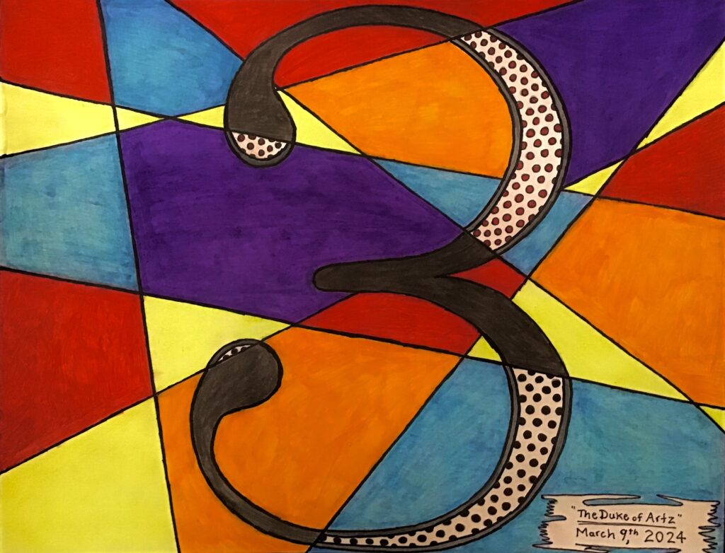 Mixed media drawing of the number three with colorful geometric shapes in the background