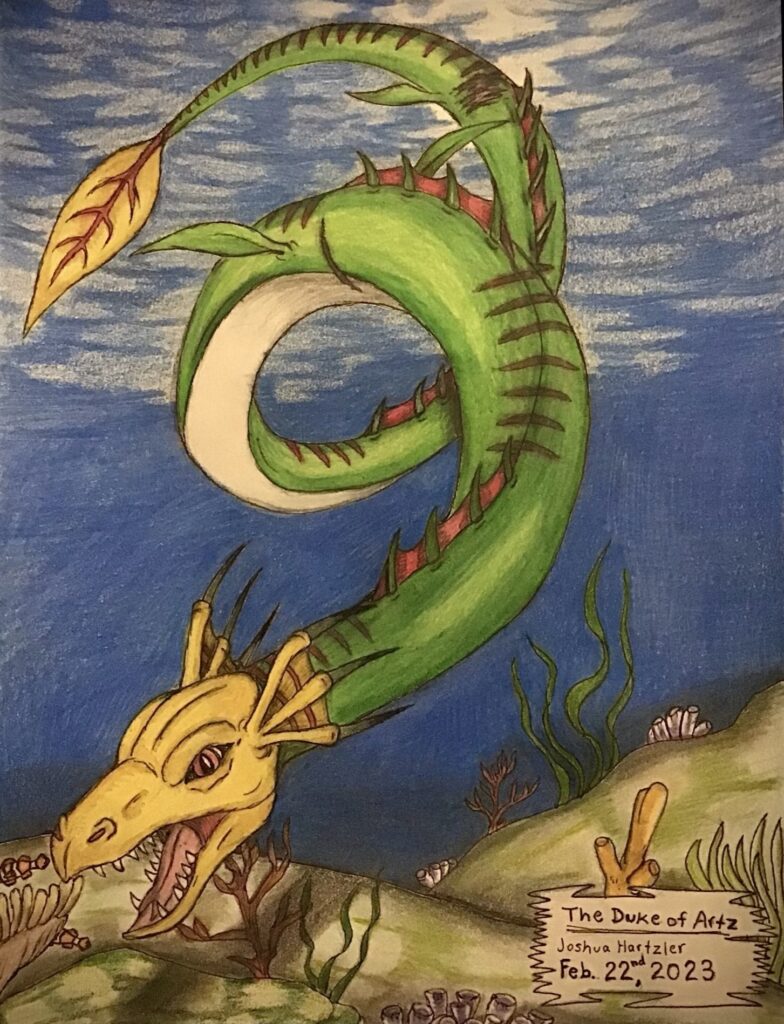Mixed media drawing of a water dragon in green, gold, and red.