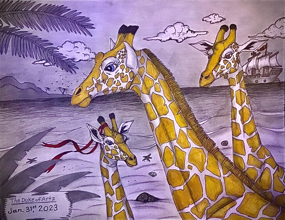 Mixed media drawing of giraffes on a beach with a ship in the distance