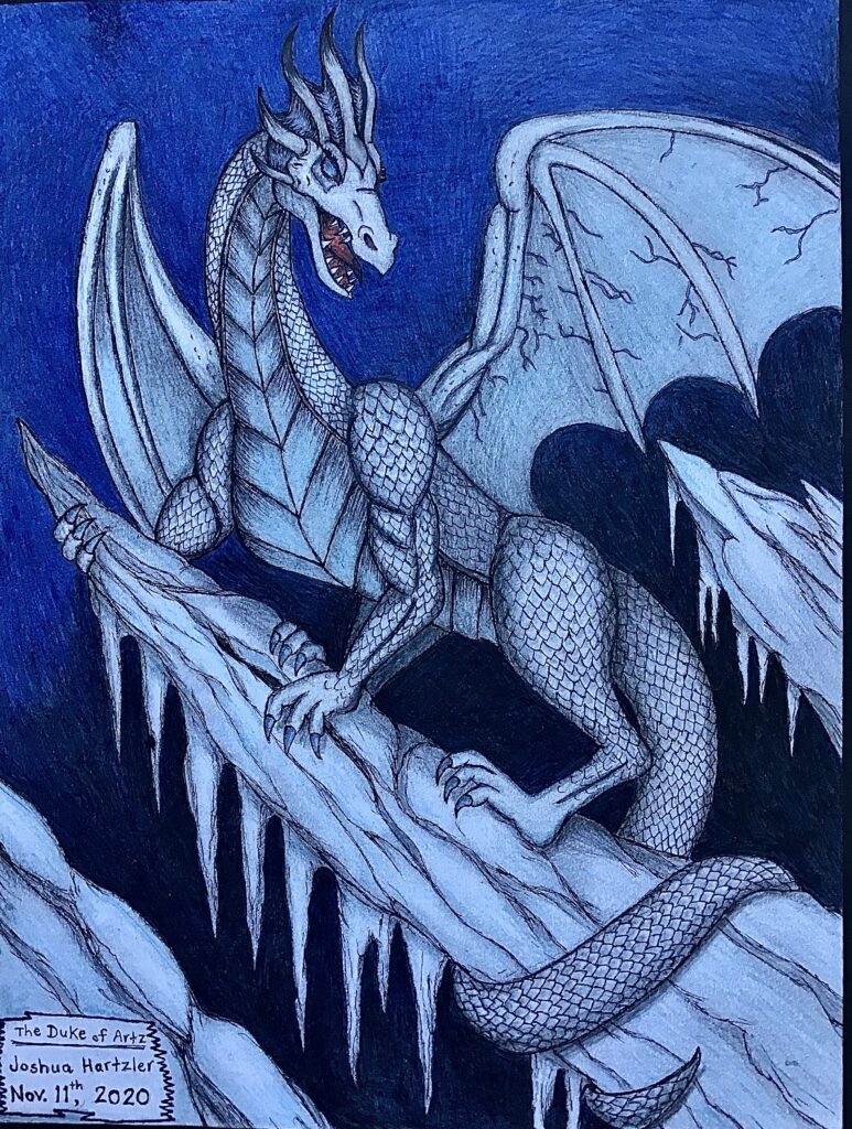 Mixed media drawing of icy blue dragon with a dark blue background
