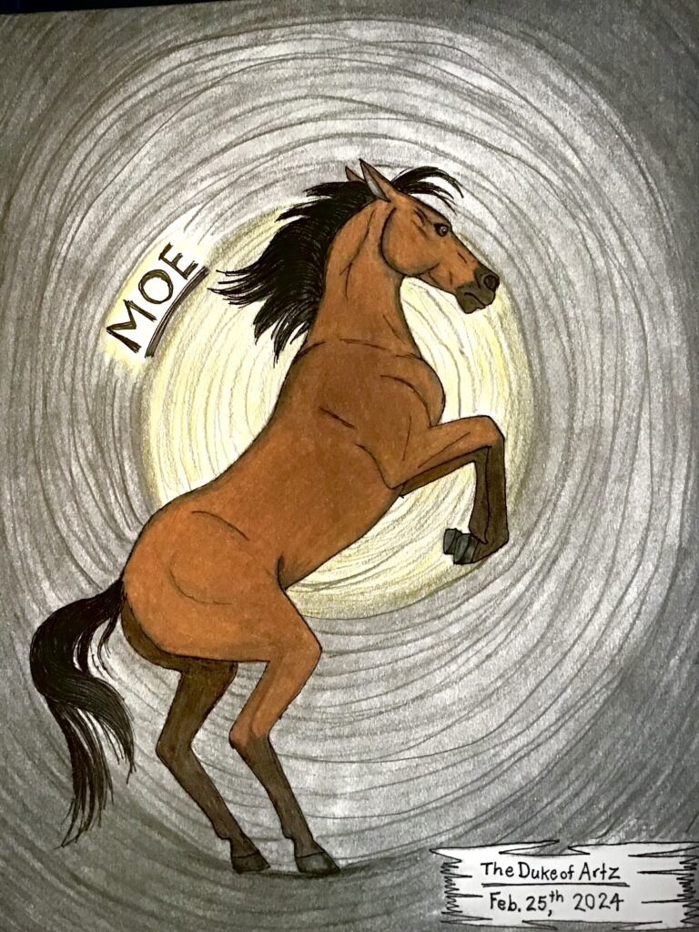 Side view mixed media drawing of brown horse with black mane up on hind legs and gray and yellow spotlight swirls in the background