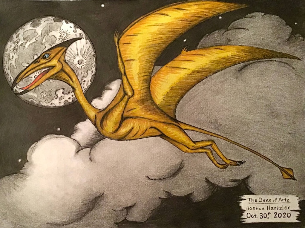 Mixed media drawing of a  gold pterodactyl flying in the night sky