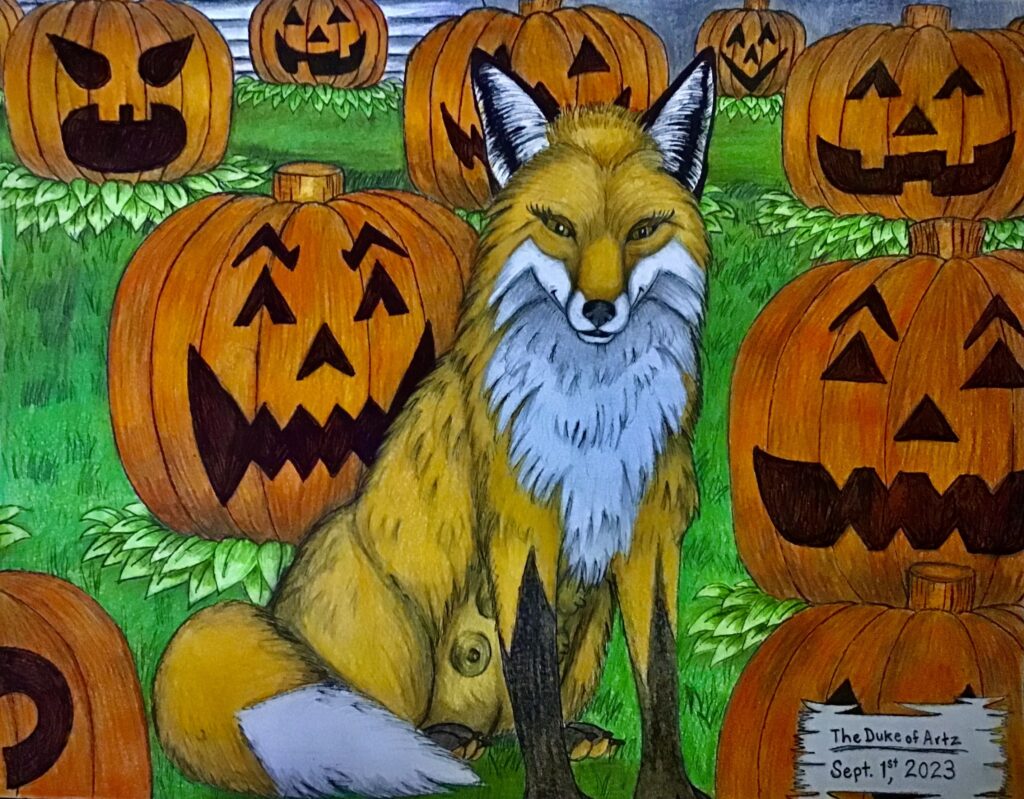 Mixed media drawing of a fox in a pumpkin patch