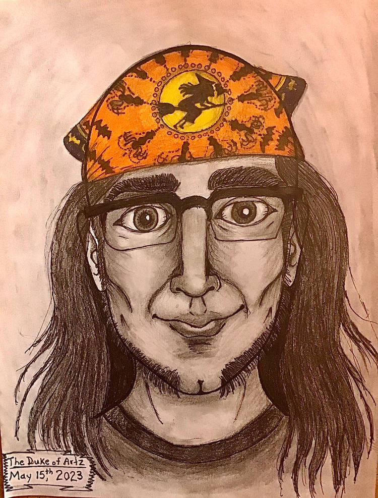 Mixed media drawing of a person with shoulder-length hair and an orange and yellow witch-themed bandana on their head