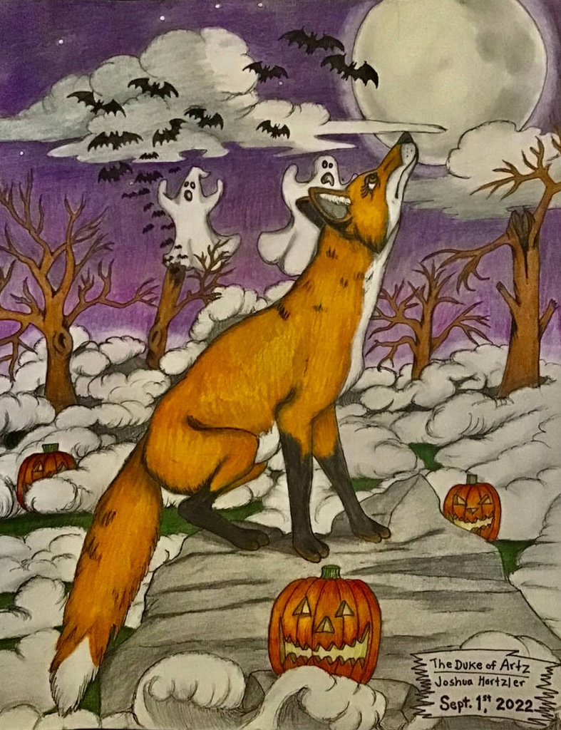 Mixed media drawing of a fox in a snowy field with pumpkins and ghosts